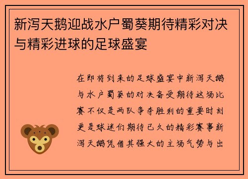 新泻天鹅迎战水户蜀葵期待精彩对决与精彩进球的足球盛宴